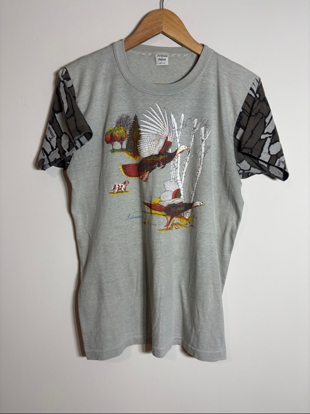 Vtg Stream & Field Hunting Shirt Turkey Bird Dog Camo Large
